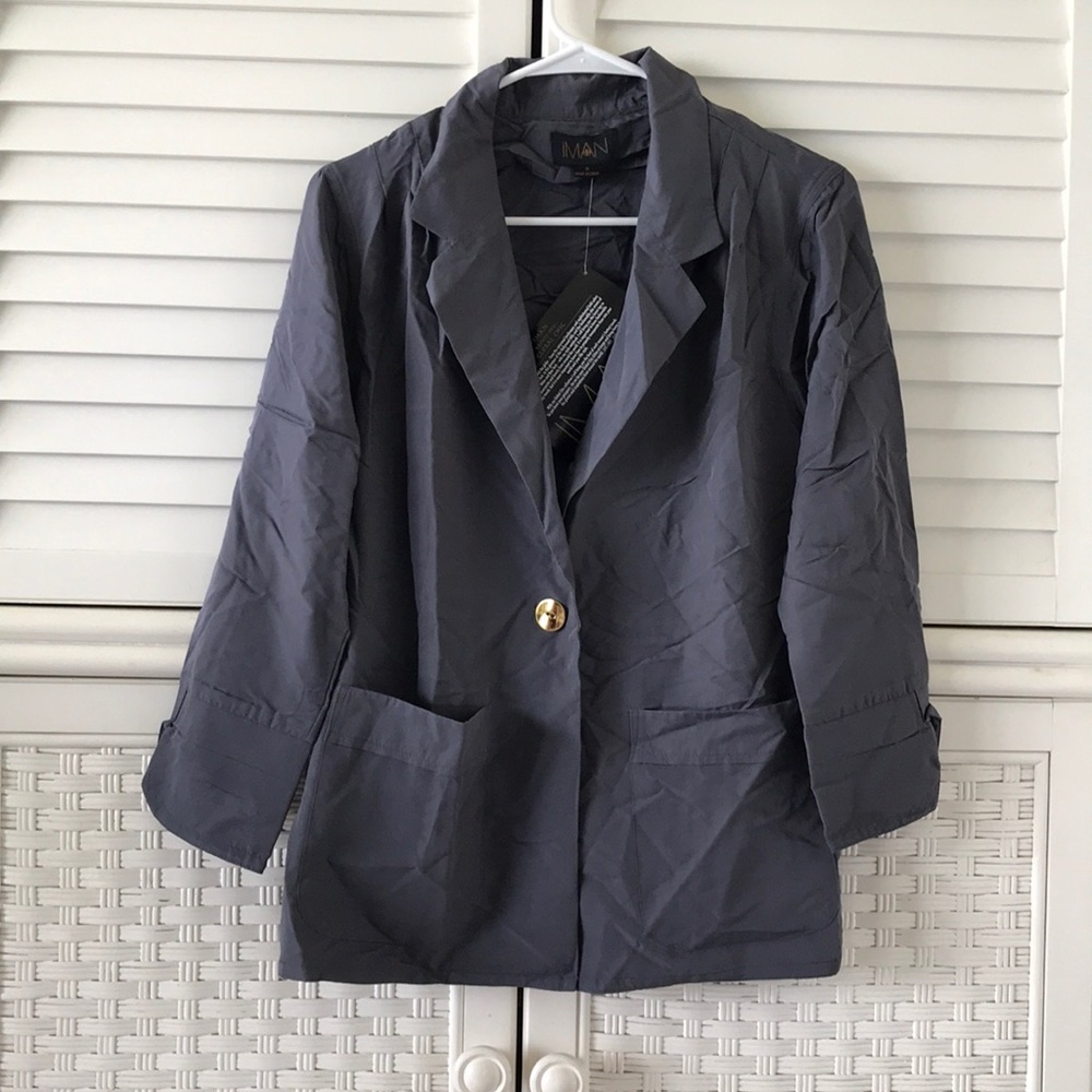 IMAN Grey 3/4 blazer top button front small NWT